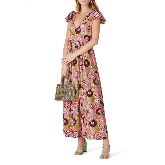 Dodo Bar Or Jenny maxi floral dress long ruffle fit flare flutter sleeve Small - Picture 1 of 7